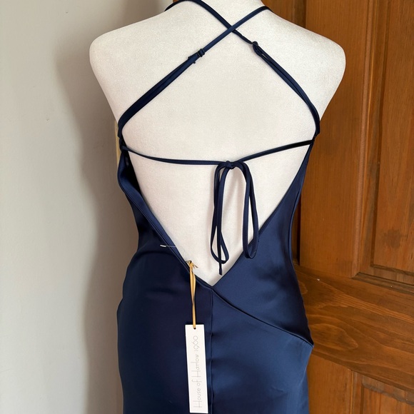 NEW House of Harlow Small S Strappy Open Back High Slit Satin Midi Navy Dress - Picture 5 of 9